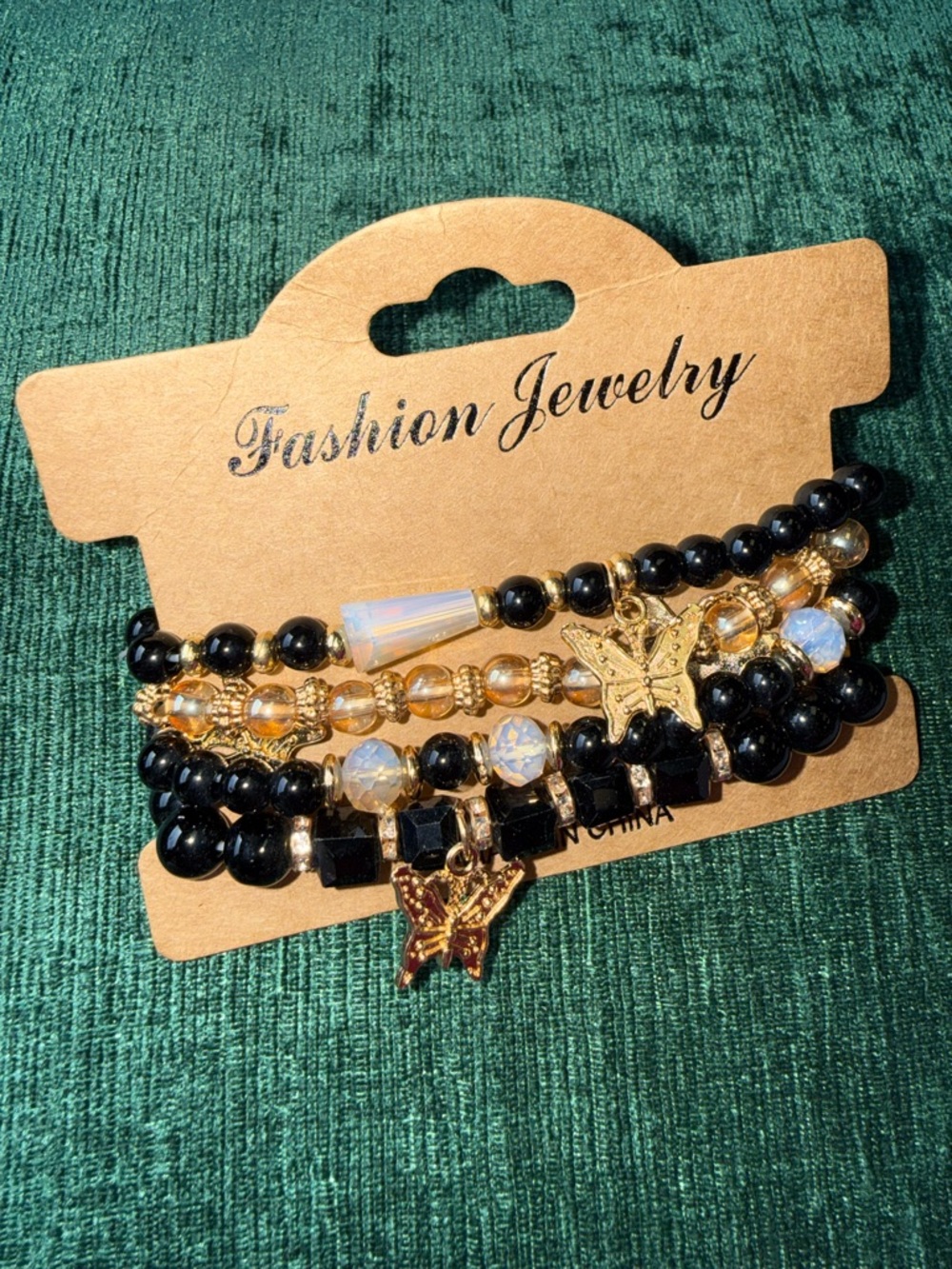 Fashion Jewelry Black and Gold Layered Beaded Bracelet Set with Butterfly Charms